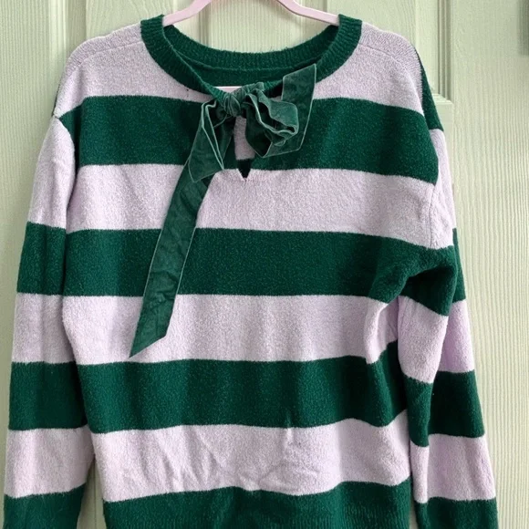 Green and Lavender Preppy Striped Sweater with Velvet Bow - Picture 2 of 9